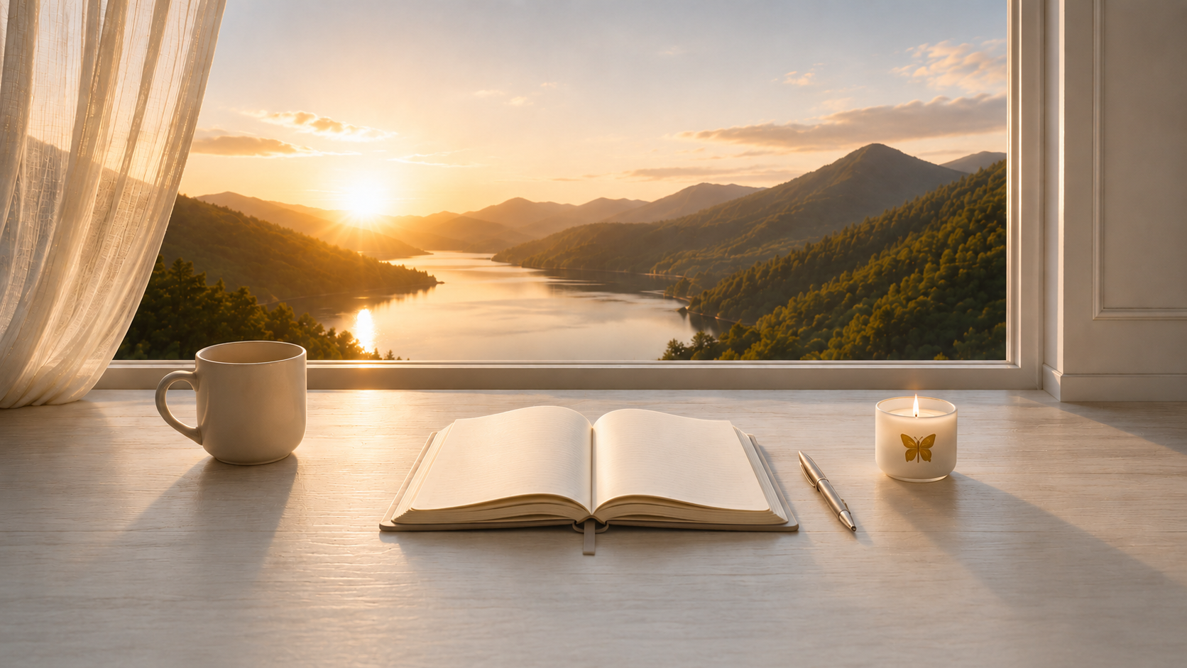 An open journal beside a window overlooking mountains, water, and morning light.