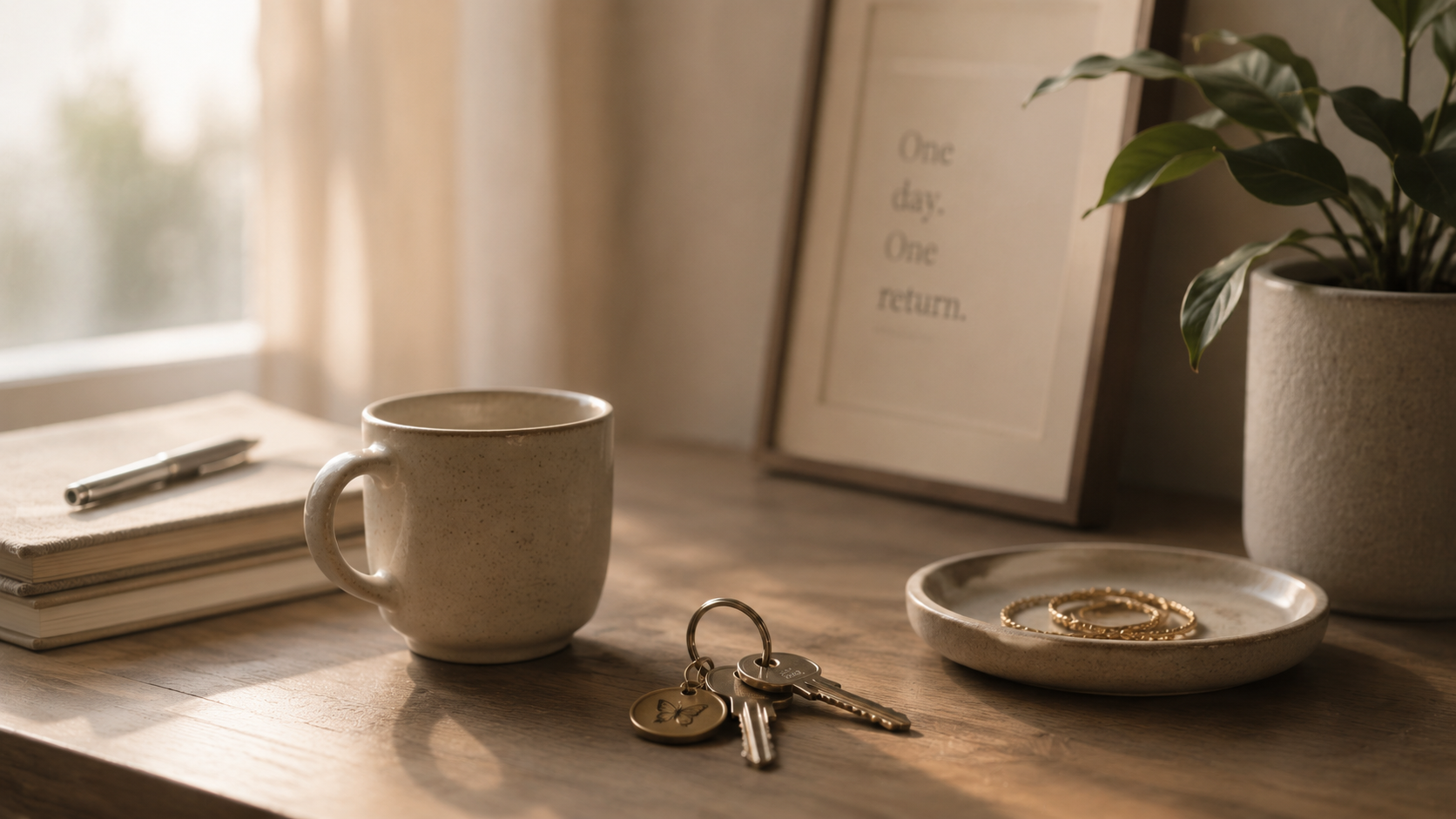 A quiet table with a cup, keys, books, and a small daily return print.